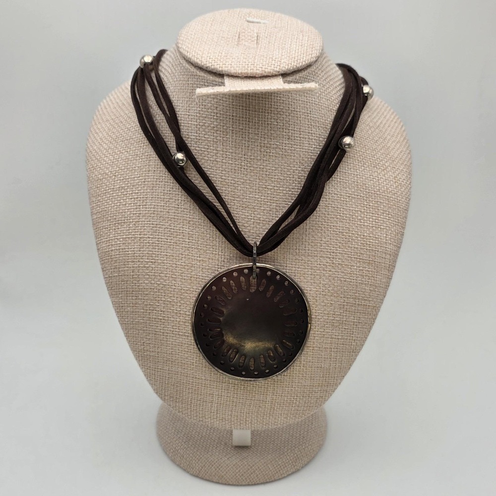 Vintage SILPADA Ornate Shell Neckalce 925 Sterling Silver Brown Leather Cord 18"